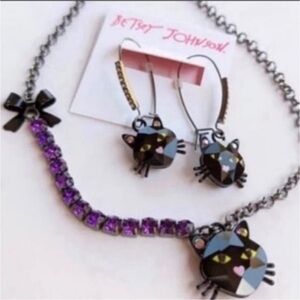 BETSEY JOHNSON SET Halloween Angular Cut Black Cat Necklace & Earrings NEW NWT